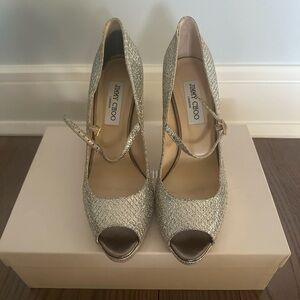 EUC Jimmy Choo Silver Peep-Toe Heels